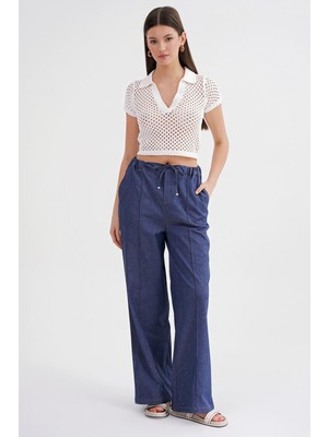 4679 Kadın Beli Lastikli Bağlamalı Denim Pantolon Indigo