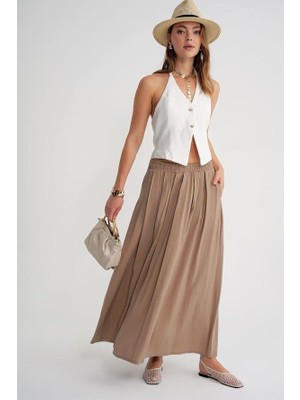 4612 Kadın Yandan Cepli Pileli Bol Etek Toprak