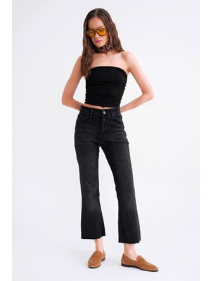 2007 Kadın Crop Ispanyol Paça Likralı Vintage Jean Pantolon Siyah