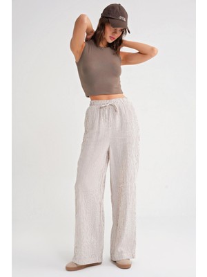 4729 Kadın Ince Çizgili Palazzo Bol Kalıp Müslin Pantolon Kahve