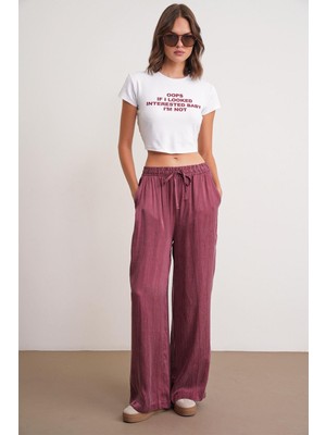 4697 Kadın Eskitme Bağcıklı Saten Bol Paça Palazzo Pantolon Bordo