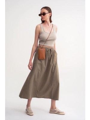 4633 Kadın Yandan Cepli Parçalı Etek Antik Vizon