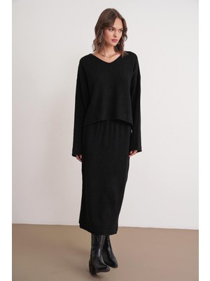 6961 Kadın Triko Kazak Etek Takım Siyah