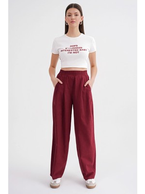4682 Kadın Beli Lastikli Jogger Bol Keten Pantolon Bordo