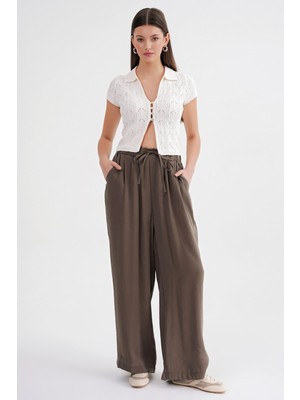 4627 Kadın Bol Paça Beli Pileli Palazzo Geniş Kalıp Pantolon Haki