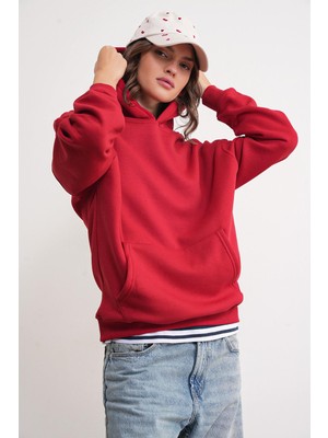 2022 Unisex 3iplik Basic Polarlı Kapüşonlu Sweatshirt Hoodie Kırmızı