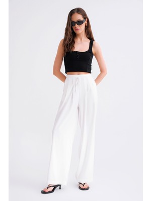 4681 Kadın Bağlamalı Çift Pileli Palazzo Bol Paça Pantolon Kar Beyaz