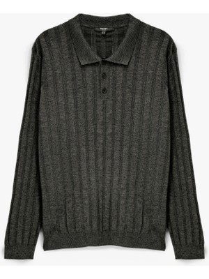 Polo Yaka Düğme Detaylı Uzun Kollu Triko Kazak