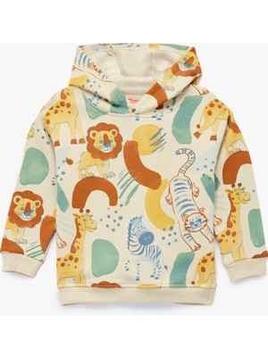 Hayvanlar Baskılı Uzun Kollu Şardonlu Kapşonlu Sweatshirt