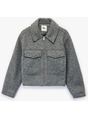 Uzun Kollu Fermuarlı Gömlek Yaka Bomber Mont