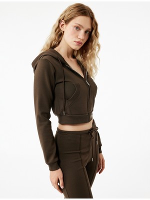 Pamuklu Cepli Uzun Kollu Fermuarlı Kapüşonlu Crop Sweatshirt