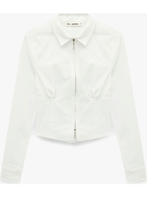 Klasik Yaka Korse Görünümlü Slim Fit Uzun Kollu Crop Fermuarlı Gömlek