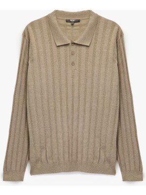 Polo Yaka Düğme Detaylı Uzun Kollu Triko Kazak