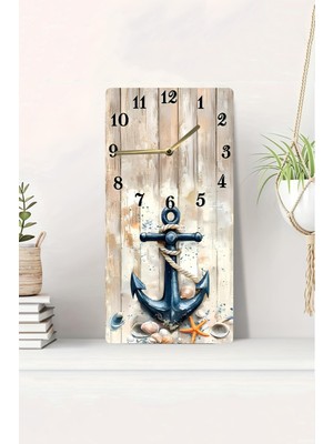 Mdf Dikdörtgen Duvar Saati – 30X60 cm Çapa ve Deniz Kabukları Tasarımı Uv Baskı – USD004