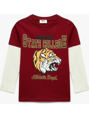 Bisiklet Yaka Uzun Kollu Pamuklu Kaplan Baskılı Tişört