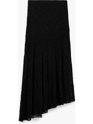 Yüksek Bel Asimetrik Kesim Midi Dantel Etek