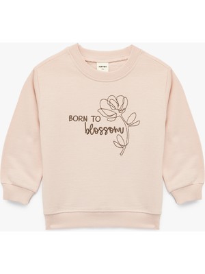 Şardonlu Uzun Kollu Bisiklet Yaka Nakışlı Pamuklu Sweatshirt