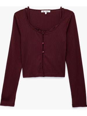 Slim Fit Bisiklet Yaka Atlet Detaylı Dantelli Fitilli Uzun Kollu Tişört