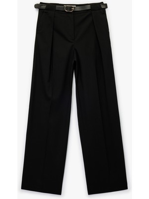 Viskon Karışımlı Yüksek Bel Kemerli Geniş Paça Kumaş Pantolon