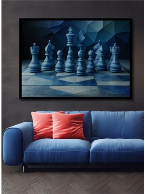 Çerçeve Görünümlü Mavi Dekoratif Ahşap Görünümlü Satranç Modern Sanat Ev/işyeri/ofis Kare Tablo