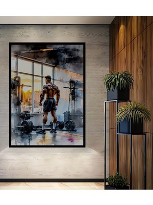 Çerçeve Görünümlü Sulu Boya Görünümlü Kaslı Adam Fitness Ev/işyeri/ofis Dekoratif Ahşap Kare Tablo