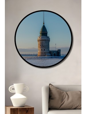 Çerçeve Görünümlü Masalsı Kış Galata Kulesi Manzarası Dekoratif Ahşap Ev/işyeri/ofis Yuvarlak Tablo