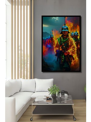 Çerçeve Görünümlü Ateş Ordusu Yağlı Boya Görünümlü Dekoratif Ahşap Ev/işyeri/ofis Kare Tablo