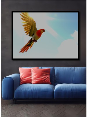 Çerçeve Görünümlü Güneşin Kanatlarında Kuş Yağlı Boya Görünümlü Dekoratif Ahşap Ofis Kare Tablo