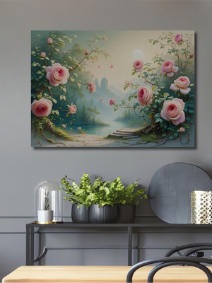 Pembe Gül Bahçesi Yağlı Boya Görünümlü Dekoratif Ahşap Ev/işyeri/ofis Kare Tablo