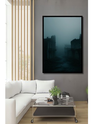 Çerçeve Görünümlü Sisli Kentin Yıkımı Yağlı Boya Görünümlü Dekoratif Ahşap Işyeri/ofis Kare Tablo