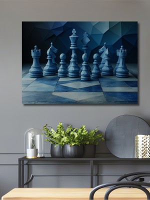 Mavi Dekoratif Ahşap Görünümlü Satranç Modern Sanat Ev/işyeri/ofis Kare Tablo