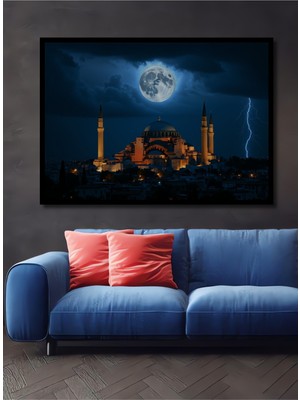 Çerçeve Görünümlü Ayasofya Tapınağı Dolunay ve Şimşek Yağlı Boya Görünümlü Ahşap Ofis Kare Tablo