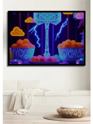 Çerçeve Görünümlü Neon Işıklarla Thor Çekici ve Tatlılar Dünyası Ofis Dekoratif Ahşap Kare Tablo
