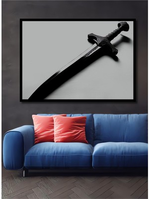 Çerçeve Görünümlü Epik Kılıç Kara Kalem Görünümlü Dekoratif Ahşap Ev/işyeri/ofis Kare Tablo