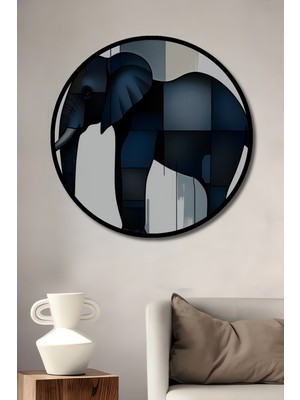 Çerçeve Görünümlü Modern Geometrik Fil Yağlı Boya Görünümlü Dekoratif Ahşap Ofis Yuvarlak Tablo