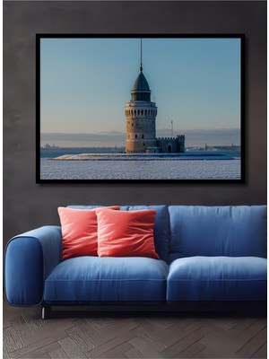 Çerçeve Görünümlü Masalsı Kış Galata Kulesi Manzarası Dekoratif Ahşap Ev/işyeri/ofis Kare Tablo