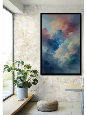 Çerçeve Görünümlü Pastel Tonlarda Rüya Bulutları Yağlı Boya Görünümlü Ahşap Ofis Kare Tablo