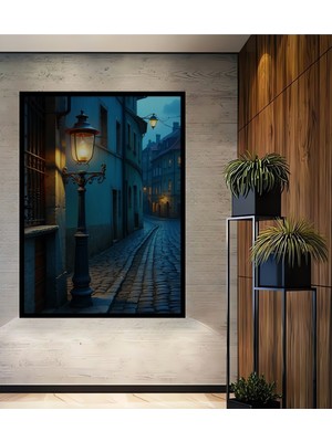 Çerçeve Görünümlü Antik Sokak Lambası Yağlı Boya Görünümlü Dekoratif Ahşap Işyeri/ofis Kare Tablo
