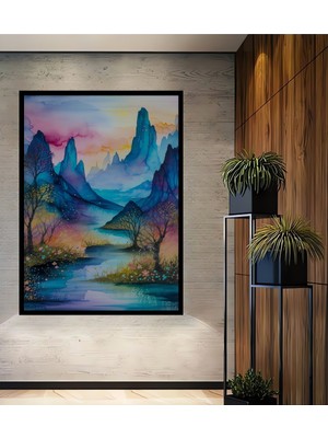 Çerçeve Görünümlü Fantastik Dağlar Sulu Boya Görünümlü Dekoratif Ahşap Ev/işyeri/ofis Kare Tablo