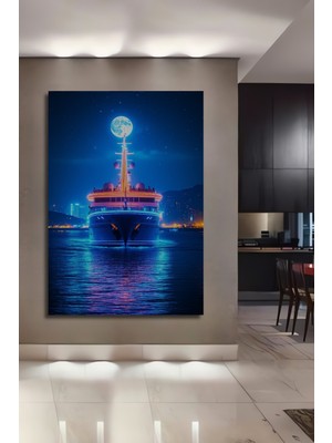 Neon Işıltılı Lüks Yat ve Ay Manzarası Dekoratif Ahşap Ev/işyeri/ofis Kare Tablo