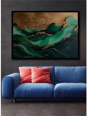 Çerçeve Görünümlü Altın Dokunuşlu Yeşil Mermer Desenli Modern Sanat Dekoratif Ahşap Ofis Kare Tablo