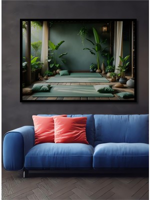 Çerçeve Görünümlü Yeşilin Huzuru Tropik Bahçe Yağlı Boya Görünümlü Dekoratif Ahşap Ofis Kare Tablo
