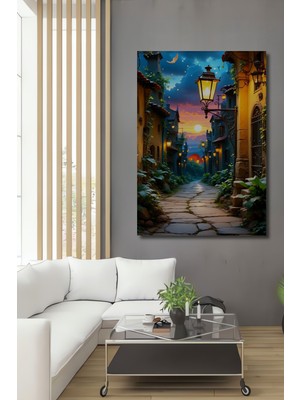 Romantik Sokak Lambası Yağlı Boya Görünümlü Dekoratif Ahşap Ev/işyeri/ofis Kare Tablo