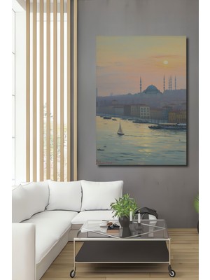 Istanbul Silüeti Yağlı Boya Görünümlü Dekoratif Ahşap Ev/işyeri/ofis Kare Tablo