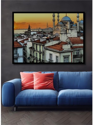Çerçeve Görünümlü Istanbul Panorama Kara Kalem Görünümlü Dekoratif Ahşap Ev/işyeri/ofis Kare Tablo