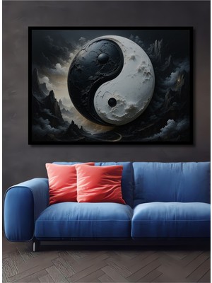 Çerçeve Görünümlü Yin Yang Dağları Yağlı Boya Görünümlü Dekoratif Ahşap Ev/işyeri/ofis Kare Tablo