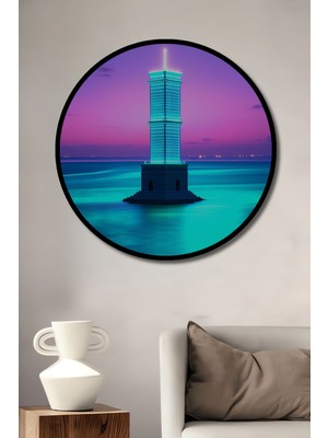 Çerçeve Görünümlü Neon Işıklı Deniz Feneri Modern Sanat Dekoratif Ahşap Işyeri/ofis Yuvarlak Tablo