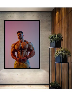Çerçeve Görünümlü Kaslı Adam Yağlı Boya Görünümlü Modern Sanat Ofis Dekoratif Ahşap Kare Tablo