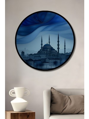 Çerçeve Görünümlü Istanbul Rüya Şehri Sulu Boya Görünümlü Dekoratif Ahşap Ofis Yuvarlak Tablo