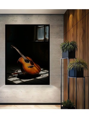 Çerçeve Görünümlü Gitarın Melankolisi Yağlı Boya Görünümlü Dekoratif Ahşap Işyeri/ofis Kare Tablo